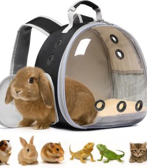 Bunny Carrier, Guinea Pig Carrier,Small Animal Carrier Backpack for Rabbit,Bearded Dragon, Lizard,Hamster,Kitten. Breathable Pet Travel Cage Bag Perfect for Vet Visits & Outdoor Adventures (Black)