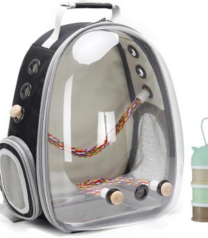 Bird Traval Carrier Cage, Clear Space Capsule Astronaut Backpack to Carry Parakeet Cockatiel Parrot with Metal Tray Wood Perch, Vet Transport School Bag