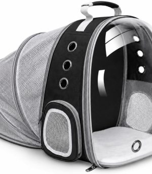 Expandable Cat Carrier Backpack for Cats and Dogs, Bubble Window Pet Travel Backpack with Breathable Mesh, Anti-Collapse Structure, Side Door, Safety Leash, for Vet Visits, Hiking, Outdoor, Black