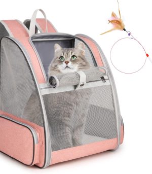 Cat Backpack Carrier, Large Pet Backpack with Kitten Wand Feather Toy for Medium Small Dog Cat Puppy Kitty Bunny up to 15lbs, Ventilated Mesh Dog Travel Carrier for Hiking Walking Outdoor Use (Pink)
