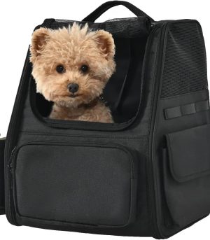 Pet Backpack for Cats & Small Dogs, Collapsible Travel Carrier with Ventilated Mesh, Removable Pad, and Safety Leash, Black