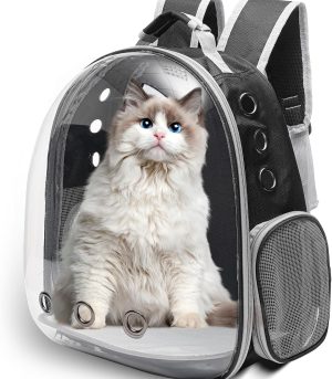 Large Cat Backpack Carrier for Travel and Hiking Transparent Pet Bubble Backpack for Cats up to 20lbs with Ventilation and Padded Straps Mochila para Gatos transportadora mascotas (Black)