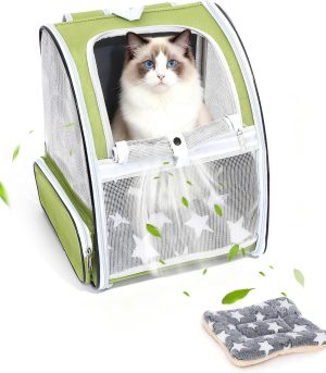Cat Backpack Carrier with Washable Bed Mat Breathable Cat Carrier Large Space Medium Small Dog Puppy Kitty Ventilated Mesh Pet Backpack for Cats Travel Walking Outdoor Use(Green 13.8" Lx11.4 Wx16 H)