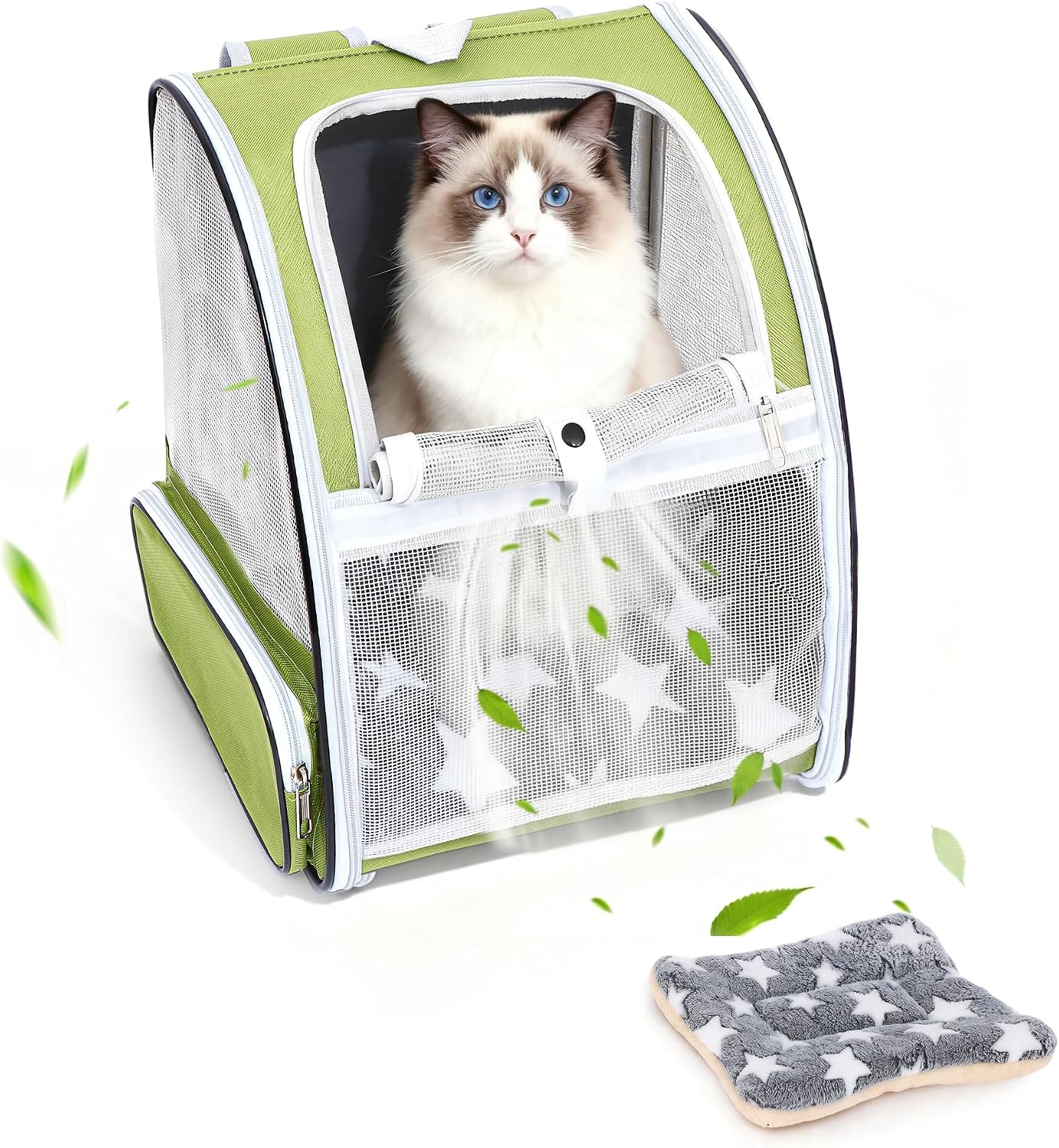 Cat Backpack Carrier with Washable Bed Mat Breathable Cat Carrier Large Space Medium Small Dog Puppy Kitty Ventilated Mesh Pet Backpack for Cats Travel Walking Outdoor Use(Green 13.8" Lx11.4 Wx16 H)