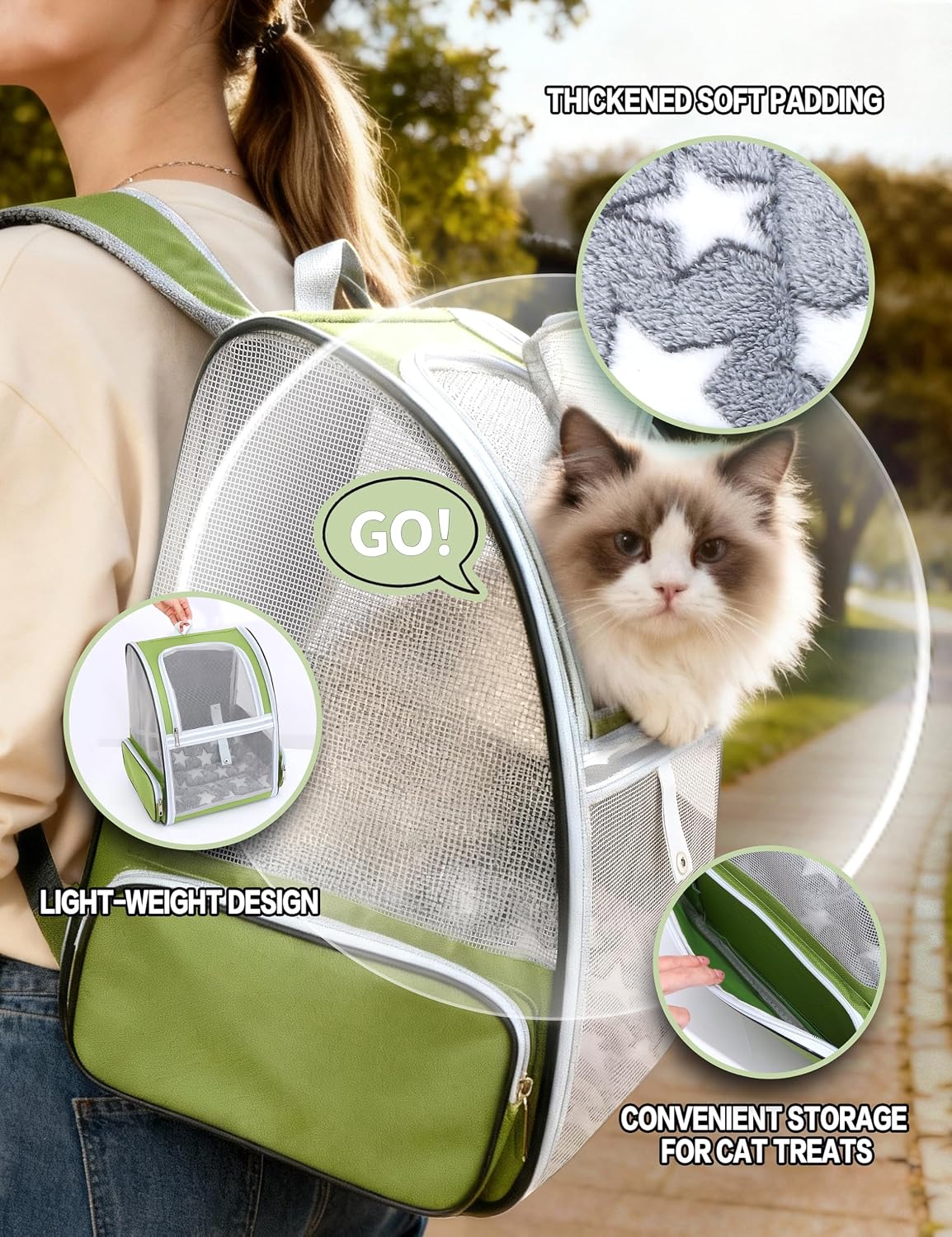 Cat Backpack Carrier with Washable Bed Mat Breathable Cat Carrier Large Space Medium Small Dog Puppy Kitty Ventilated Mesh Pet Backpack for Cats Travel Walking Outdoor Use(Green 13.8" Lx11.4 Wx16 H) - Image 2